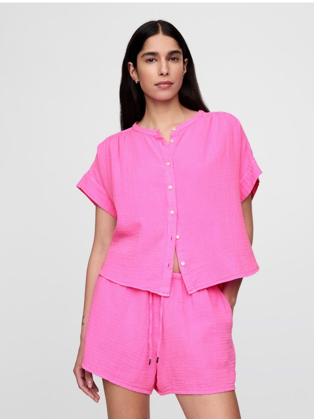 GAP Bright Pink Button-Front Gauze Top